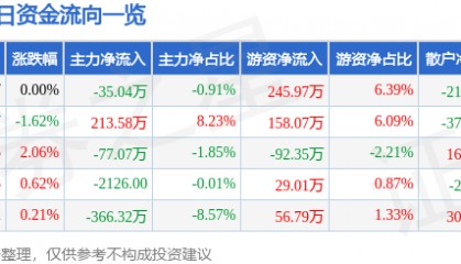 股票行情快报:海翔药业(002099)1月22日主力资金净卖出35.04万元