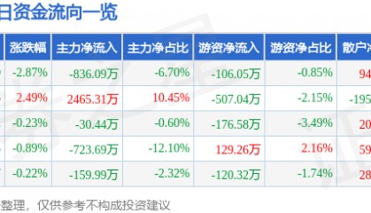 股票行情快报:成都路桥(002628)3月24日主力资金净卖出836.09万元
