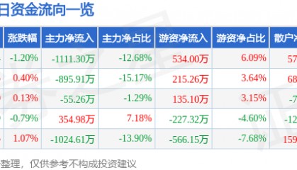 股票行情快报:中信金属(601061)12月30日主力资金净卖出1111.30万元