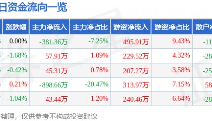 股票行情快报:海翔药业(002099)3月3日主力资金净卖出381.36万元