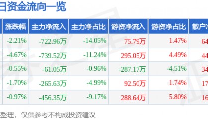 股票行情快报:沙河股份(000014)1月6日主力资金净卖出722.96万元