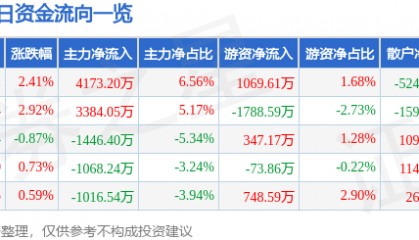 股票行情快报:露笑科技(002617)12月11日主力资金净买入4173.20万元