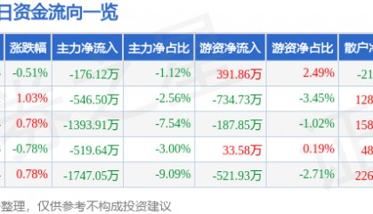 股票行情快报:江苏国泰(002091)12月3日主力资金净卖出176.12万元