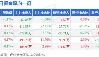 股票行情快报:通宝能源(600780)6月12日主力资金净卖出62.88万元