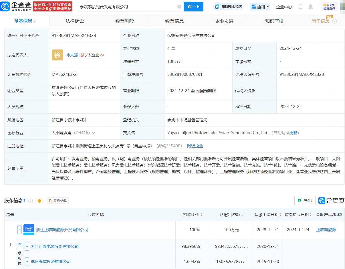 正泰电器投资成立光伏发电公司