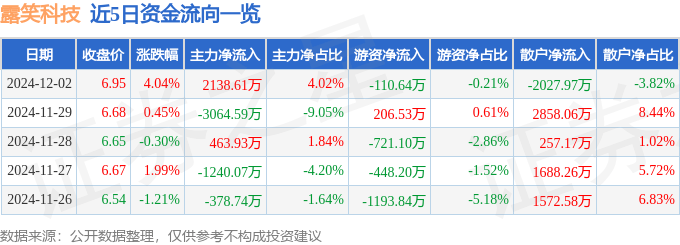 股票行情快报：露笑科技（002617）12月2日主力资金净买入2138.61万元