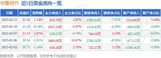 股票行情快报：华鲁恒升（600426）2月11日主力资金净买入876.79万元