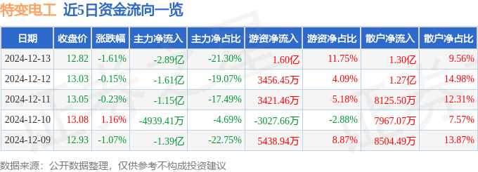 股票行情快报：特变电工（600089）12月13日主力资金净卖出2.89亿元