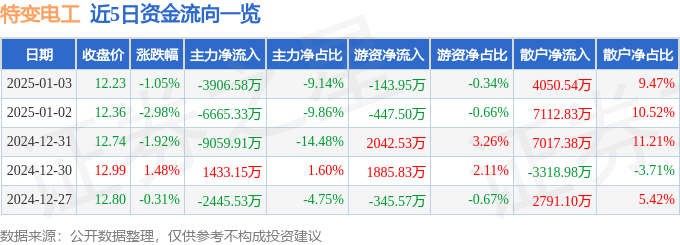 股票行情快报：特变电工（600089）1月3日主力资金净卖出3906.58万元