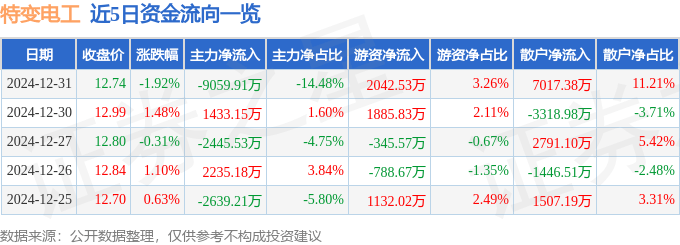 股票行情快报：特变电工（600089）12月31日主力资金净卖出9059.91万元
