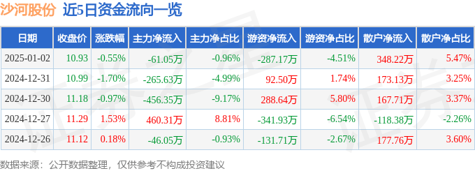 股票行情快报：沙河股份（000014）1月2日主力资金净卖出61.05万元