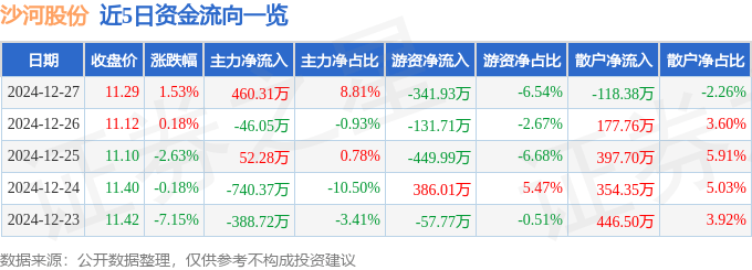股票行情快报：沙河股份（000014）12月27日主力资金净买入460.31万元