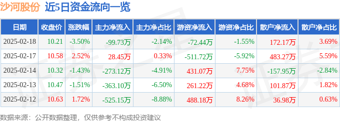股票行情快报：沙河股份（000014）2月18日主力资金净卖出99.73万元