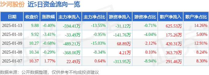 股票行情快报：沙河股份（000014）1月13日主力资金净卖出594.41万元