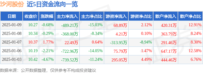 股票行情快报：沙河股份（000014）1月9日主力资金净卖出489.21万元
