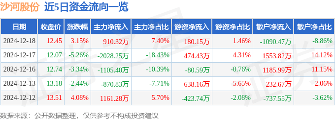 股票行情快报：沙河股份（000014）12月18日主力资金净买入910.32万元