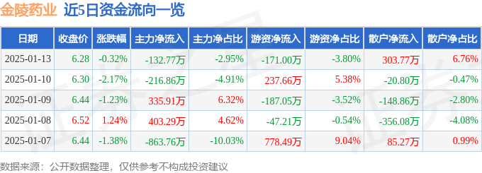 股票行情快报：金陵药业（000919）1月13日主力资金净卖出132.77万元