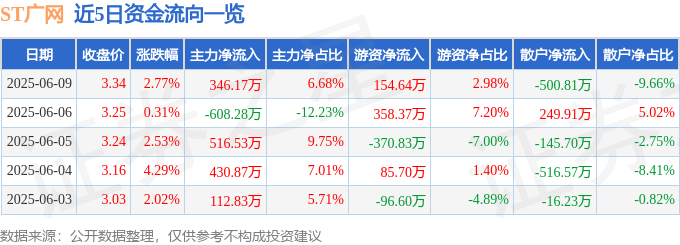 股票行情快报：ST广网（600831）6月9日主力资金净买入346.17万元