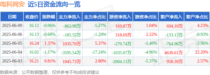 股票行情快报：电科网安（002268）6月9日主力资金净卖出863.98万元