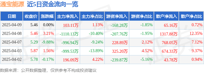 股票行情快报：通宝能源（600780）4月9日主力资金净买入103.11万元
