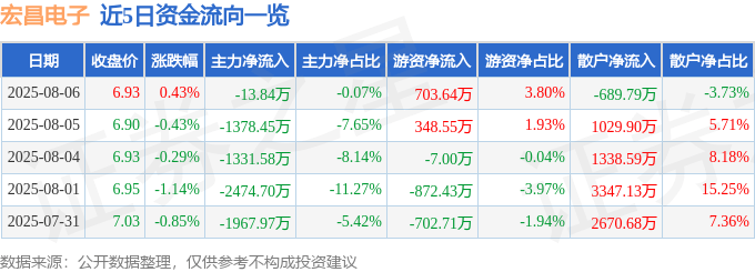 股票行情快报:宏昌电子(603002)8月6日主力资金净卖出13.84万元