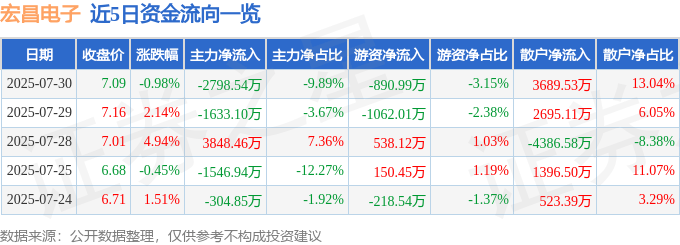 股票行情快报:宏昌电子(603002)7月30日主力资金净卖出2798.54万元